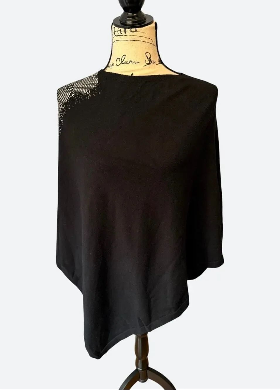 Mitchie's Black Embellished Rhinestone Poncho Asymmetric Knit Cape Wrap One Size